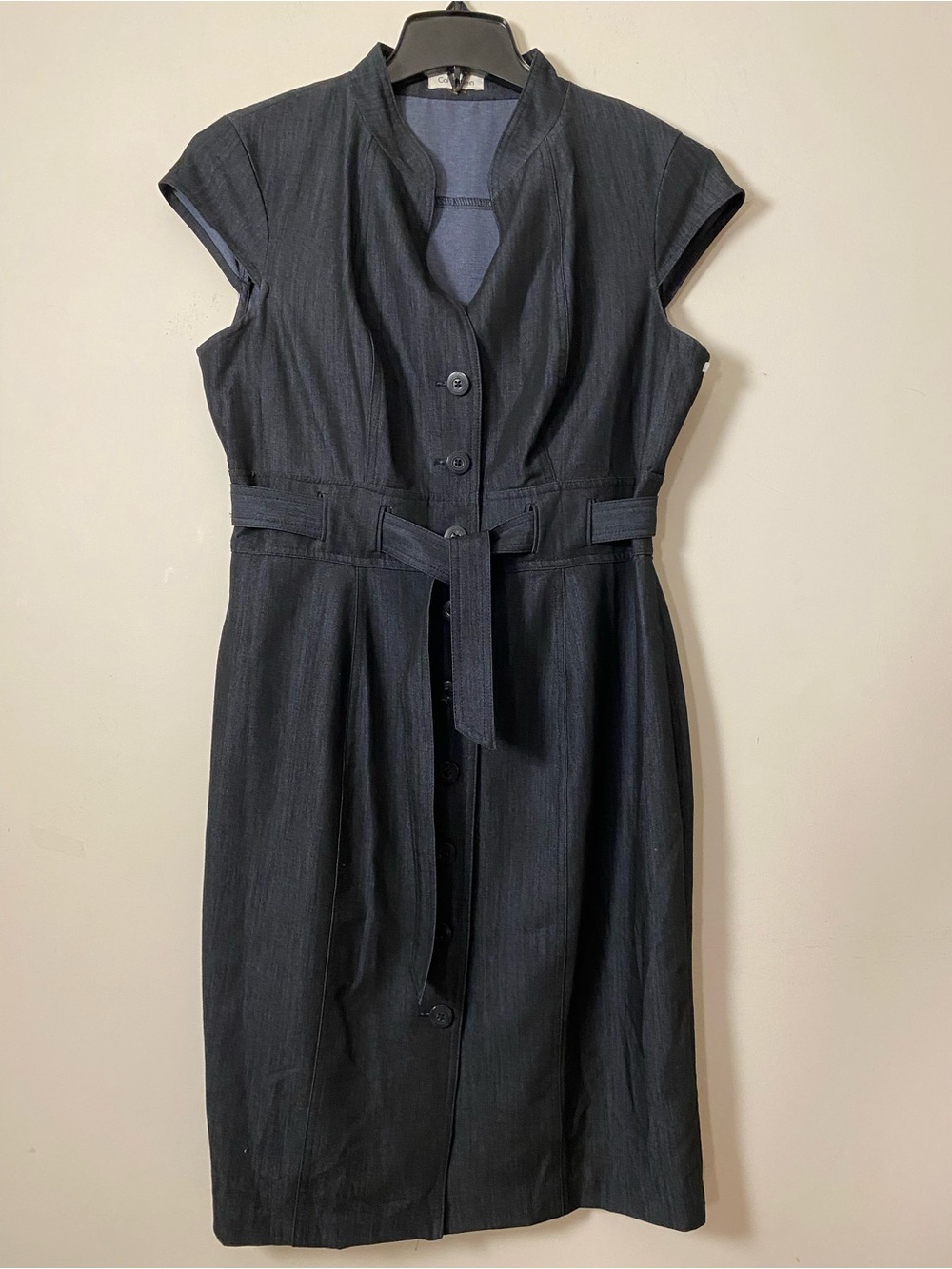 Cap-Sleeve Button-Front charcoal Dress with Waist Tie
